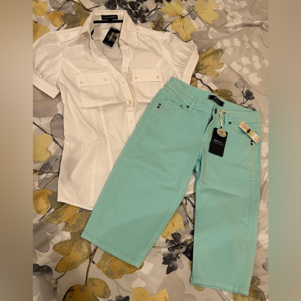 2pc Tommy Bahama Clamdiggers Shorts Aqua 4 & Express White Button Up Shirt M NWT